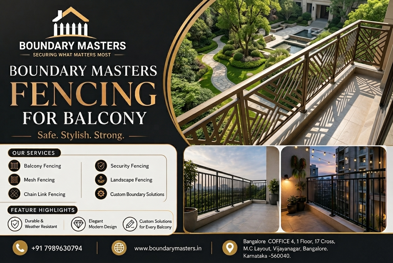 Modern black metal Fencing For Balcony installed in a luxury apartment balcony in Bangalore
