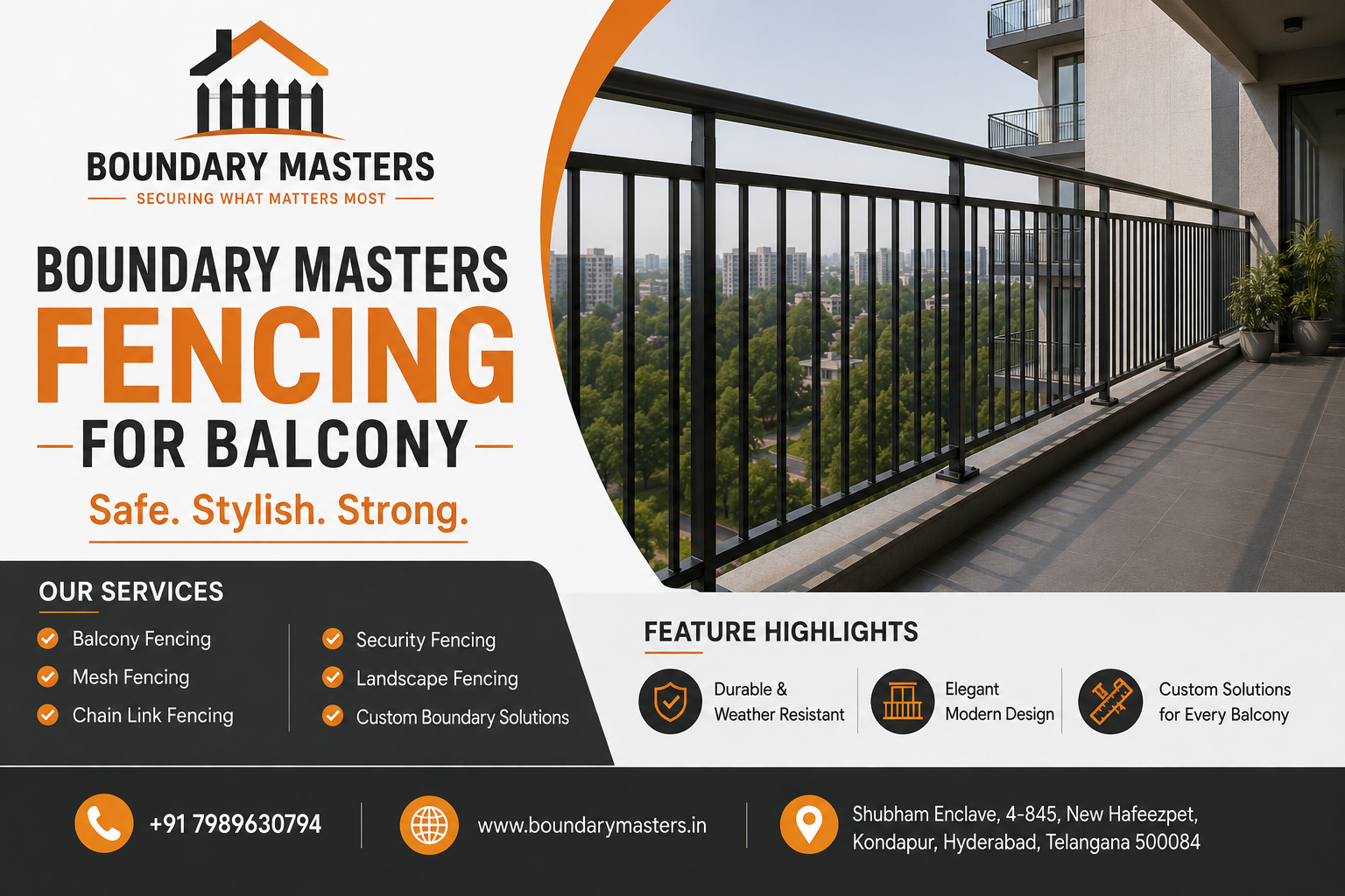 Fencing For Balcony with stylish black metal railing installed in a modern apartment balcony in Hyderabad