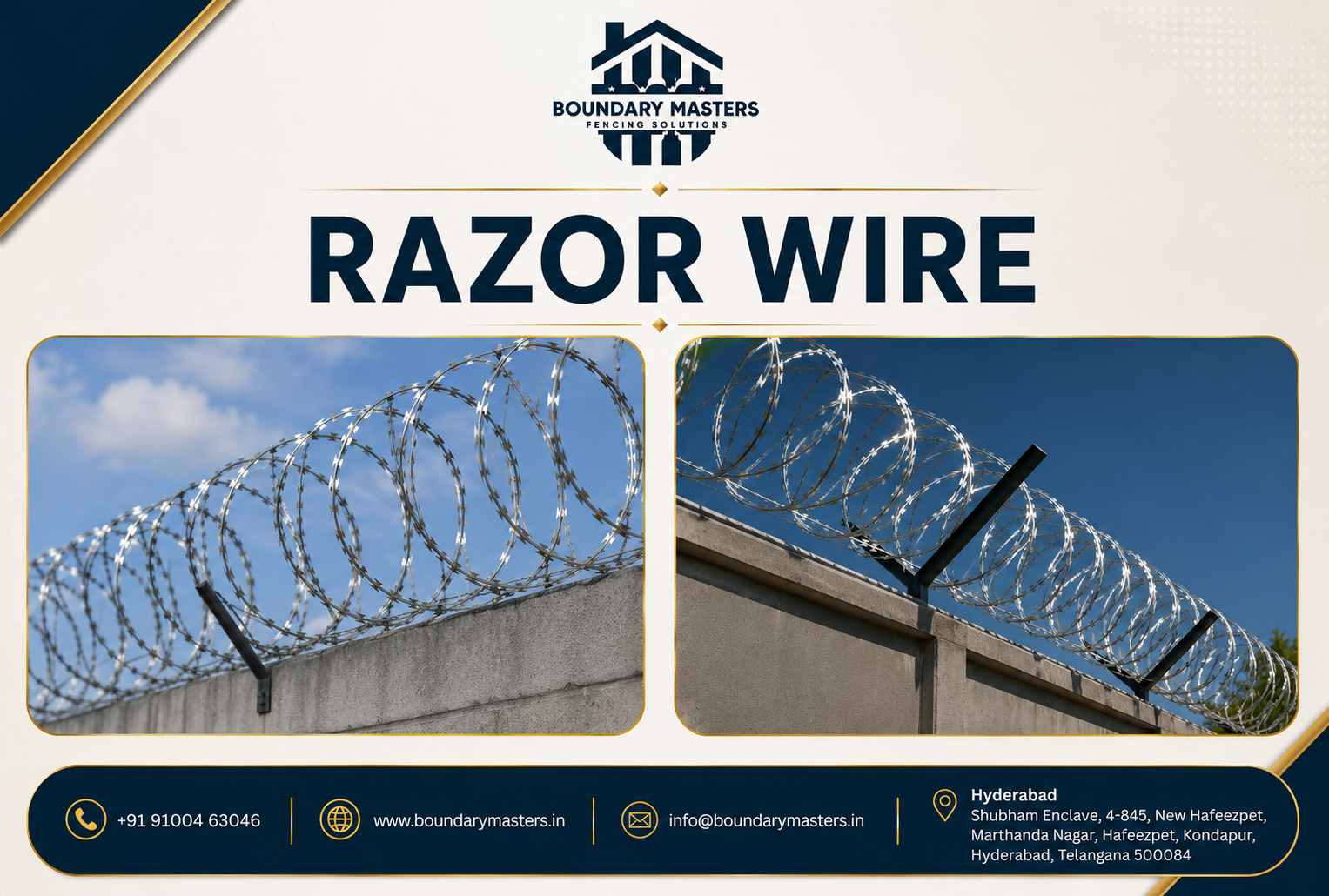 Razor wire installation on compound wall in Hyderabad by Boundary Masters for industrial and commercial security fencing