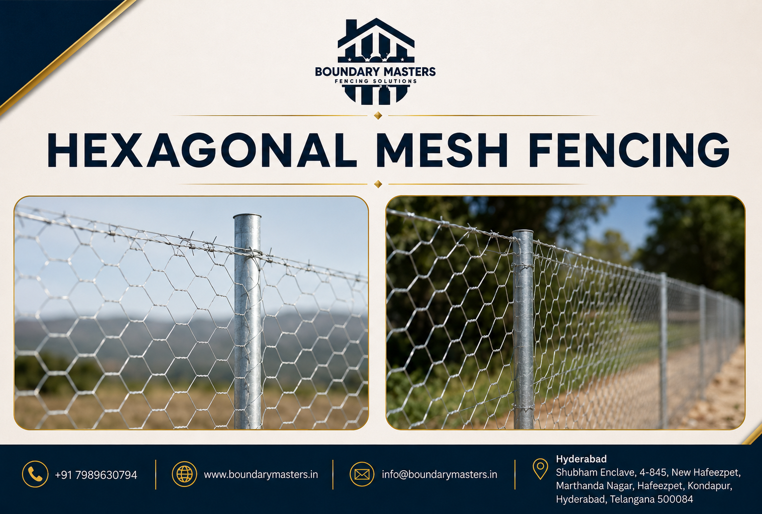 Hexagonal mesh Fencing installed for farm and property boundary protection in Hyderabad by Boundary Masters