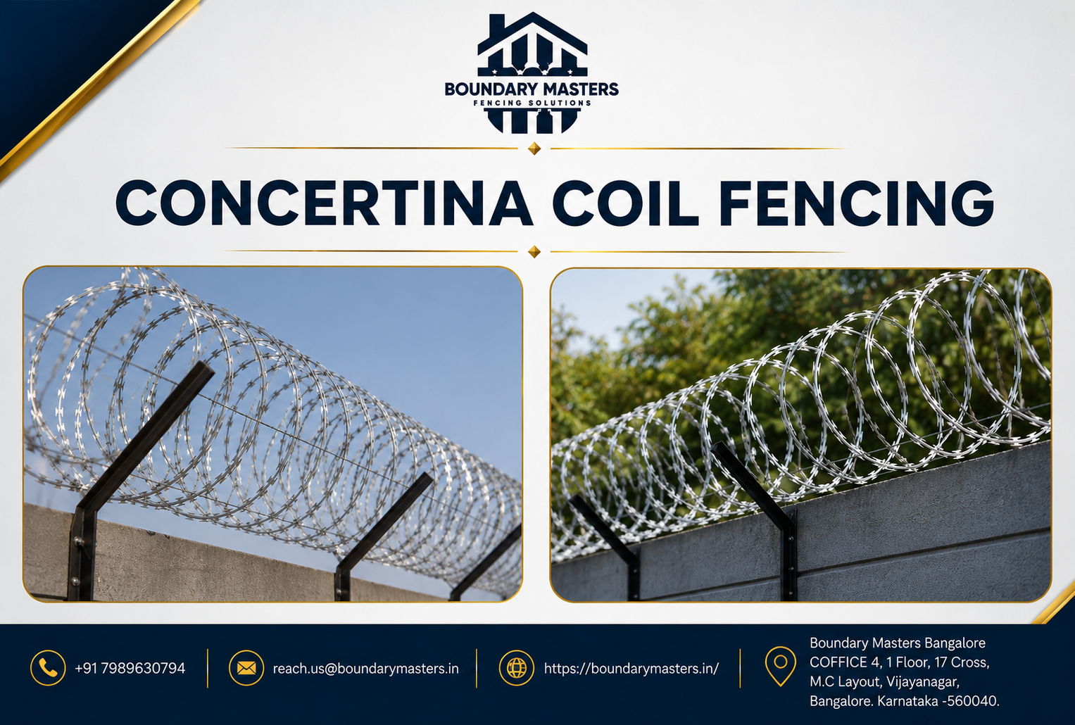 Premium Concertina Coil Fencing installed on a boundary wall in Bangalore by Boundary Masters for enhanced perimeter security