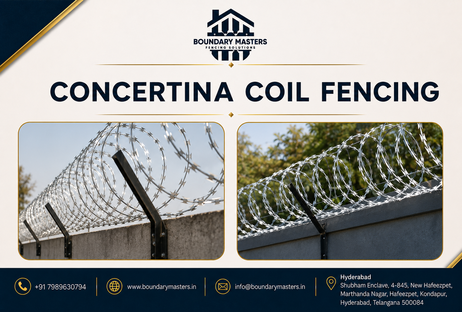 Professional Concertina Coil Fencing installed by Boundary Masters for industrial and commercial security in Hyderabad