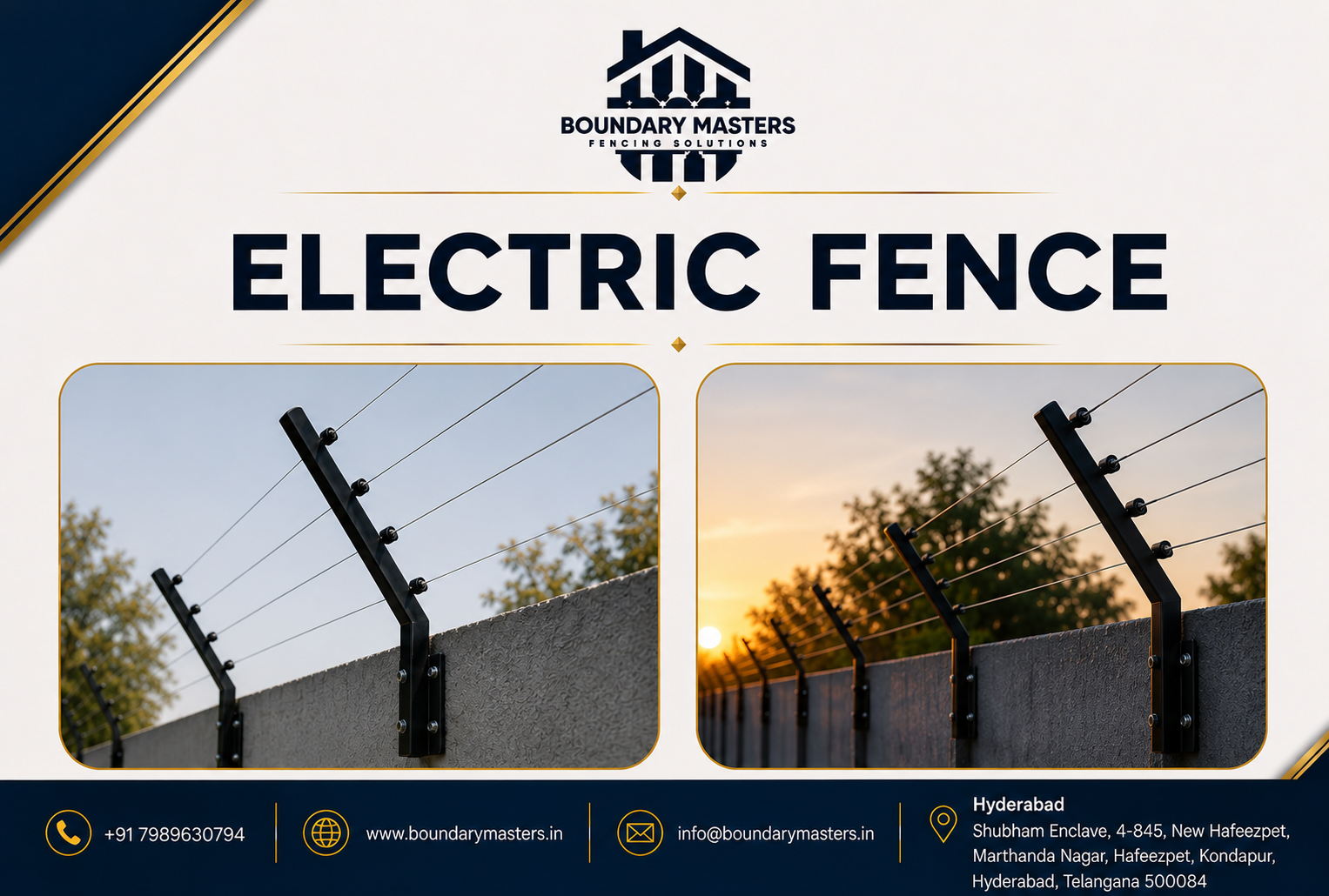 Premium Electric Fence installed on a compound wall in Hyderabad by Boundary Masters for residential and commercial property security.