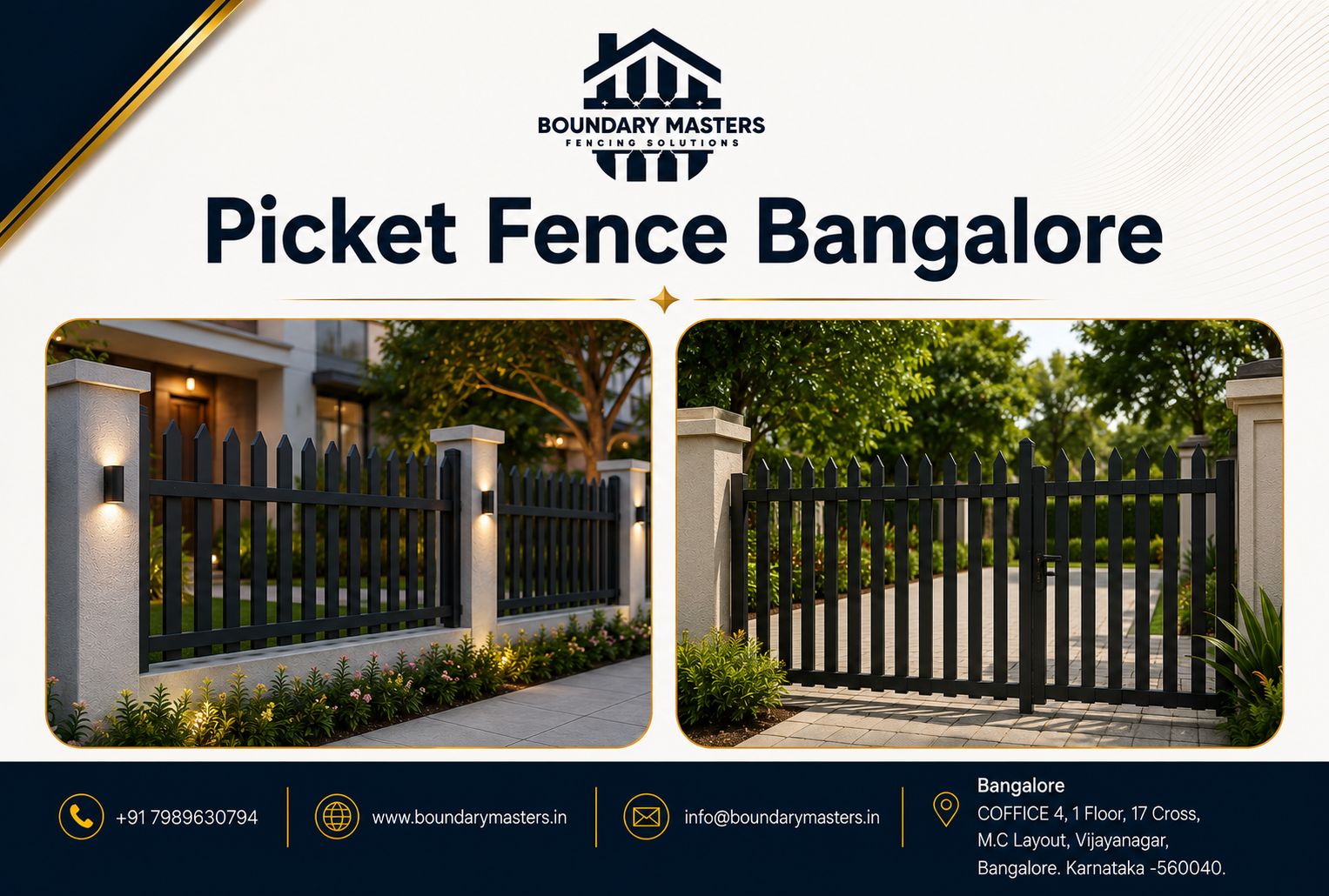 Premium black metal Picket Fence Bangalore installation for villas and residential properties by Boundary Masters