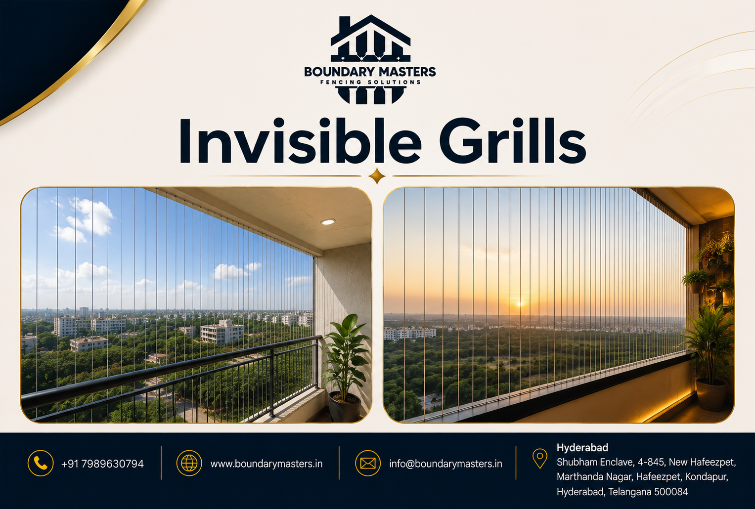 Invisible Grills installation for apartment balcony in Hyderabad by Boundary Masters