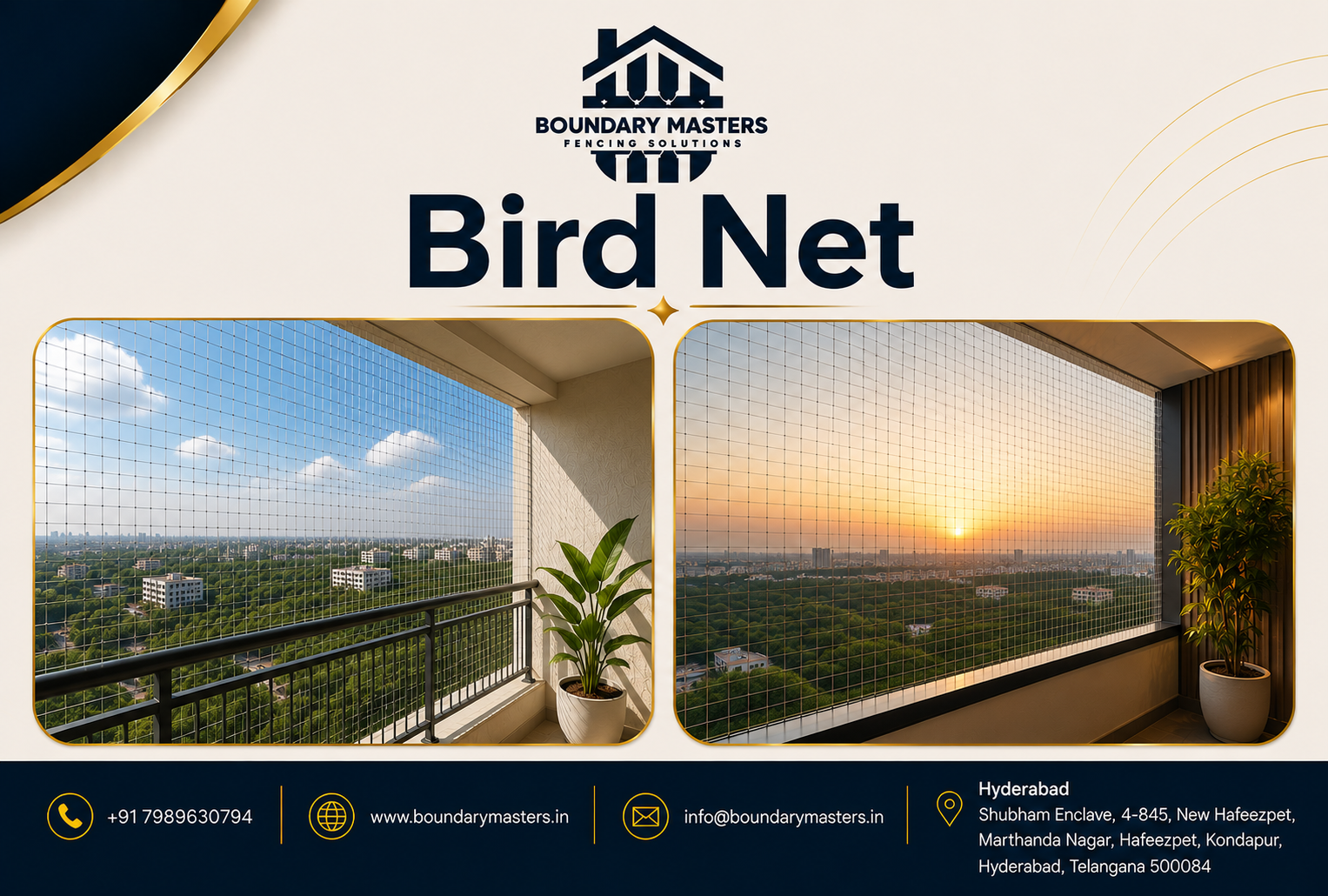 Premium Bird Net installation on apartment balcony by Boundary Masters Hyderabad