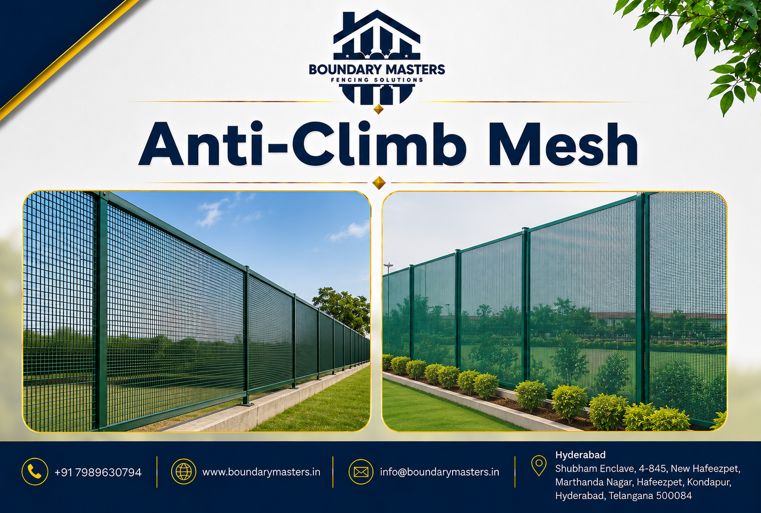 Anti-Climb Mesh security fencing installed for industrial, commercial, and residential properties in Hyderabad by Boundary Masters